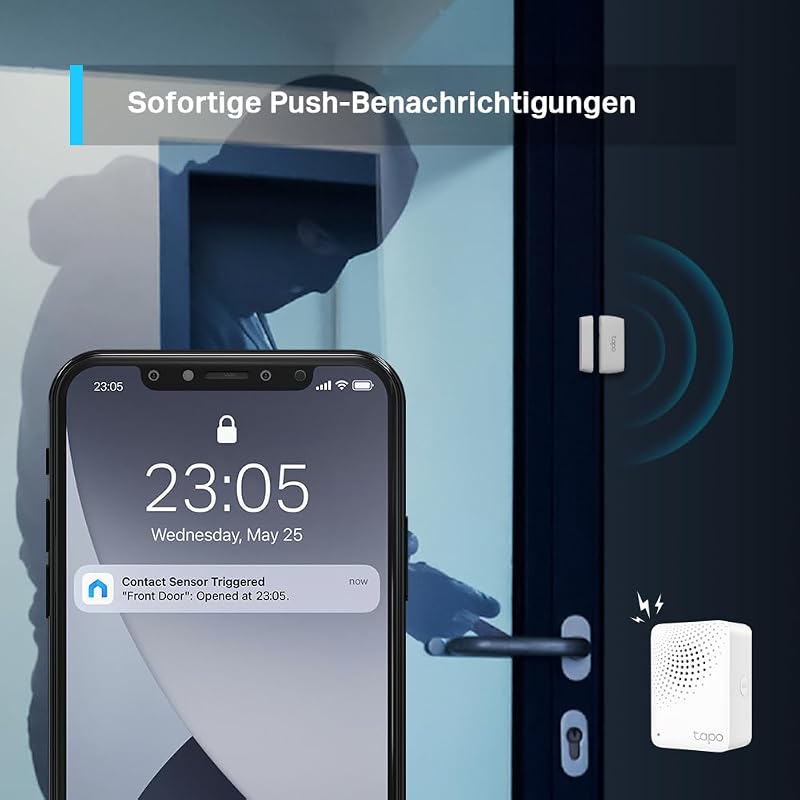 T110 Smart Kontakt Sensor für Fenster-/Türsicherung, Batterielebensdauer von mehr als 1 Jahr, Sofortige App-Benachrichtigung, Muss mit Tapo Hub verwendet Werden