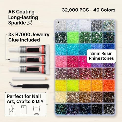 32000 Pcs Flatback Resin Rhinestone Kit, 40 Colours, 3mm, with 3 Jewellery Glue and Tools, for Nail Art, Crafts and DIY