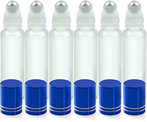 Empty Glass Aromatherapy Roller Bottles By Kaith - With Metal Ball, Frosted White Glass Blue Lids, 1/3oz(10ml), Set of 6 (Blue)