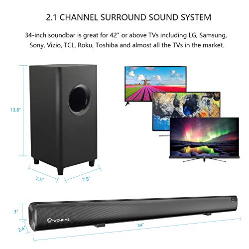 Sound Bar WOHOME 2.1 Channel Bluetooth Soundbar for TV with Subwoofer Surround Home Theater System 34-inch Soundbar 5.5-inch Subwoofer 4 Speakers 120W 95dB Remote Control Newest Model S18