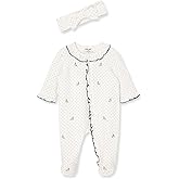 Little Me Clothes for Baby Girls 100% Cotton 2Pc Zipper Closure Footie and Headband Set, Baby Essentials, Preemie to 9 Months