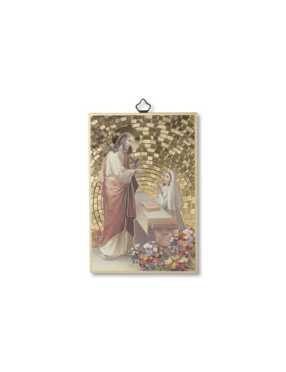 BONELLA BROTHERS Bonella Brothers | Sacred picture on 8mm poplar MDF wood with gold foil mosaic of a girl receiving her First Communion with Prayer on the back 10 x 15 cm | Made in Italy