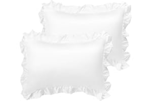 PiccoCasa Satin Pillow Cases for Hair and Skin, 2-Pack-Ruffled Pillow Shams Oxford Pillowcases Covers with Envelope Closure White Queen (20x30inch + 3inch Hem)