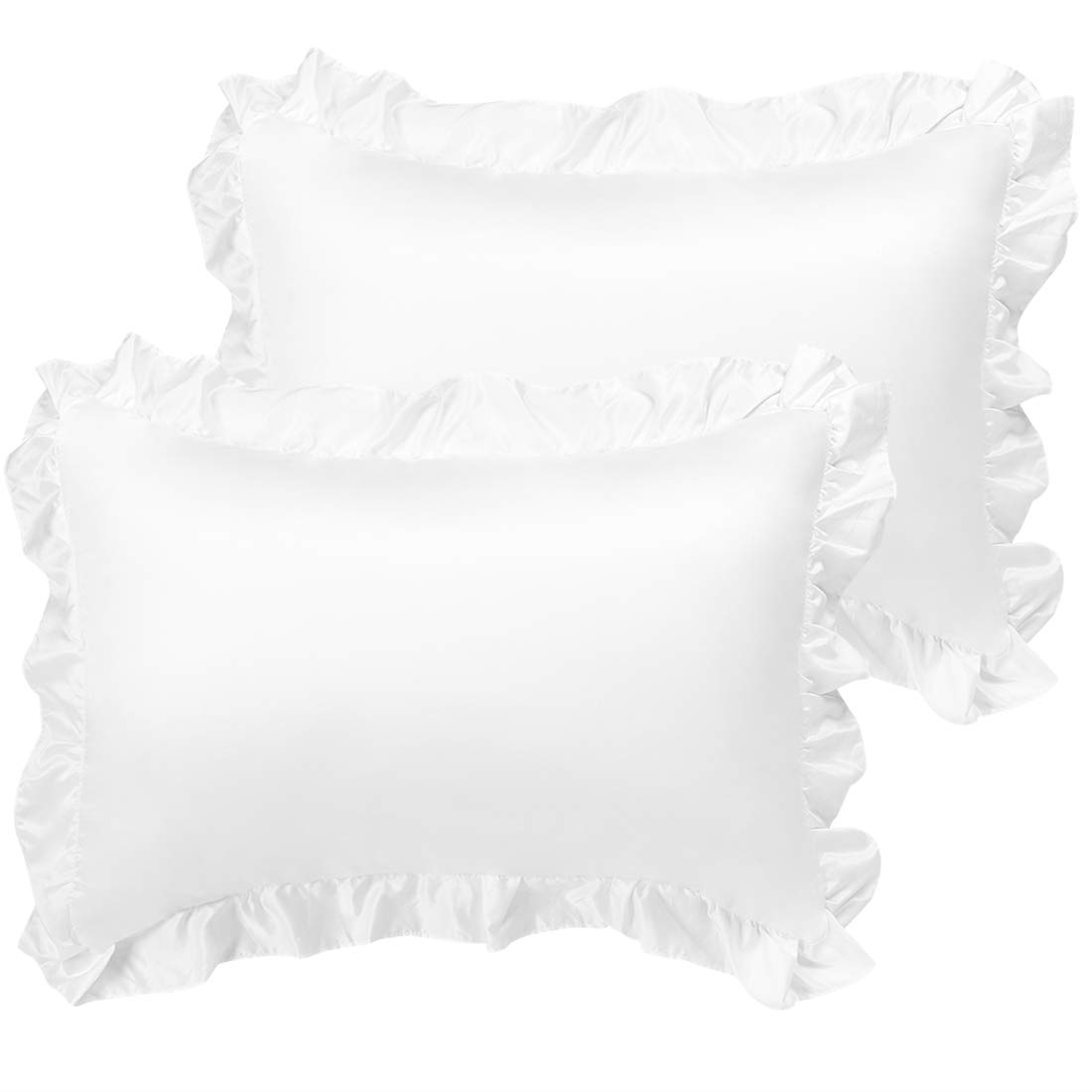 sourcing map Luxury Satin Oxford Pillowcases, Pair of 2 White Ruffled Pillow Shams 20 x 26 Inch with Envelope Closure, Standard Size Pillow Cases Covers