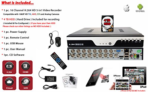 Evertech 16Ch DVR with 4TB Hard Drive H.264 High-Definition Hybrid TVI AHD CVI Analog Home Office Standalone CCTV Security Digital Video Recorder w/4TB HDD Installed and Pre-Configured