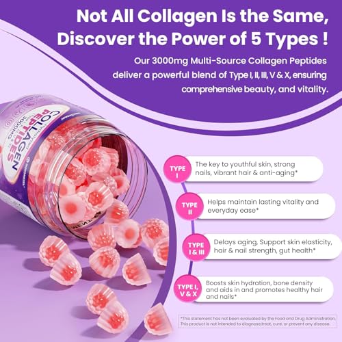 Collagen Gummies for Women & Men 3000mg, Hydrolyzed Collagen Peptides with Antioxidant Blend & Digestive Enzymes, Multi Collagen (Type I,II,III,V,X) for Anti-Aging, Hair, Skin, Nails, Sugar Free,60Cts