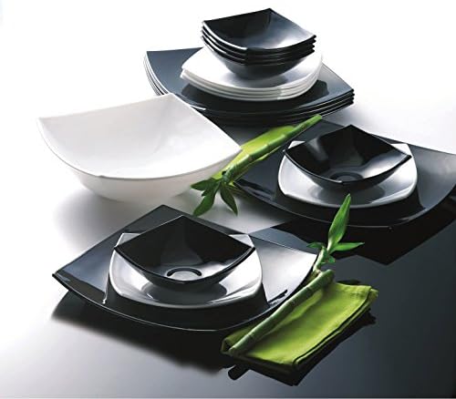 Luminarc Quadrato Dinner Set 18 +1 pcs | Combination Sets | Plates Bowls Set | Black White | Glass Ceramics | Dinnerware Set