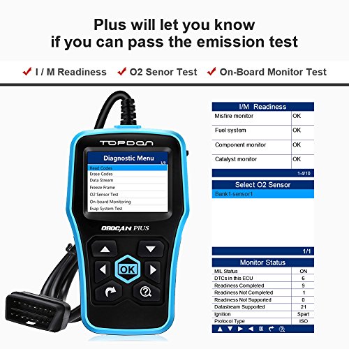 TT TOPDON OBD2 Scanner - CAN Car Code Reader, PLUS2.0 Professional Engine Fault Diagnostic Scanner with DTC Library to Turn Off CEL, Pass Smog Test for Home and Autoshop