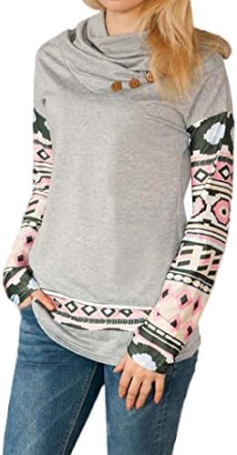 Women's Geometry Printing Long Sleeve Round Neck Pullover Cotton Blouse Tops Shirt (L)