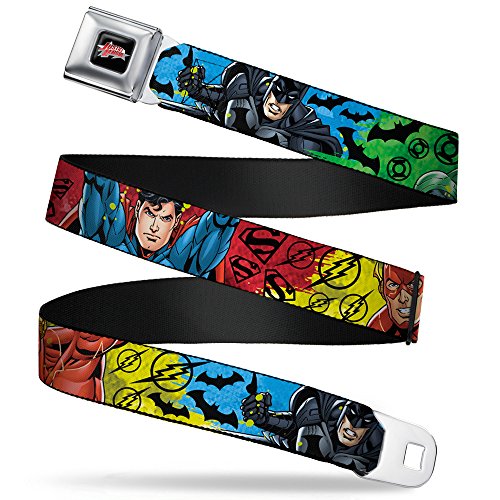 Buckle-Down Seatbelt Belt - Justice League New 52 4-Superhero Poses/Logo Multi Color/Black - 1.5