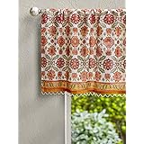 Saffron Marigold Orange Blossom Persian Window Valance 46 x 17 | Hand Printed Top Curtains | Sheer Orange Yellow Beaded Bohemian Valances for Windows