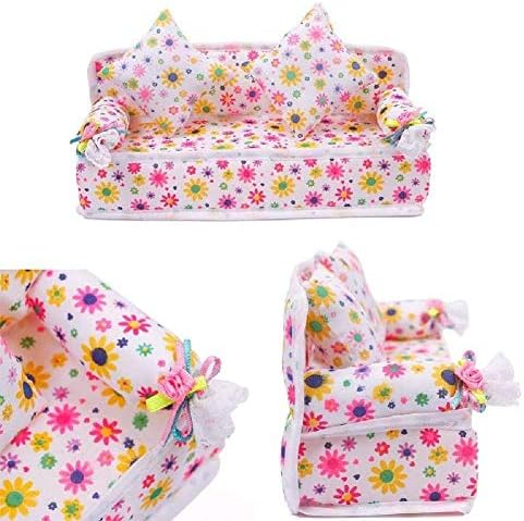 STOREINBOX Mini Furniture Flower Sofa Couch +2 Cushions For Barbie Doll House Accessories