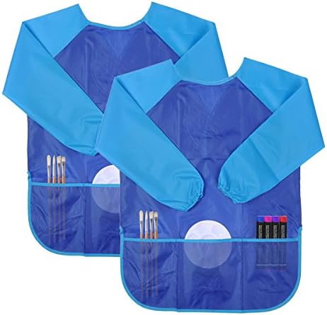 Long Sleeve Kids Art Aprons Children Smock Apron with Pockets Waterproof for DIY Painting Drawing - 2 Pack (Blue)