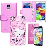 EpicGadget(TM) Samsung Galaxy S5 Handmade Luxury Crystal Bling Bling White PU Leather Case With Crystal Bow knot Wallet Case Magnet Flip Cover With Credit Card Holder Pouch + S5 i9600 Screen Saver (Miss Kitty Fairy Tale Pink Case)