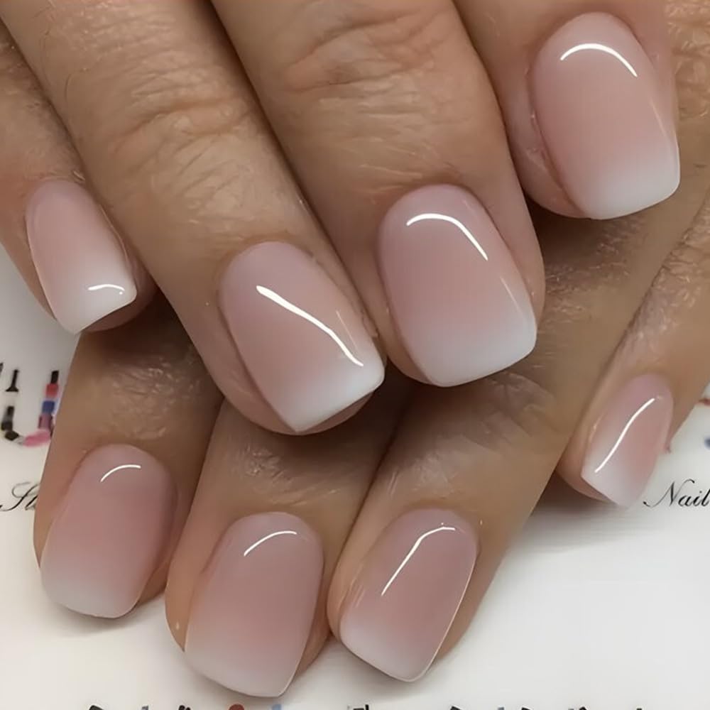 Gradient Pink Press on Nails Short Cute Pink Fake Nails with White Gradient Designs False Nails Glossy Full Cover Stick on Nails Acrylic Ombre Artificial Nails Glue on Nails Press ons for Women 24 Pcs