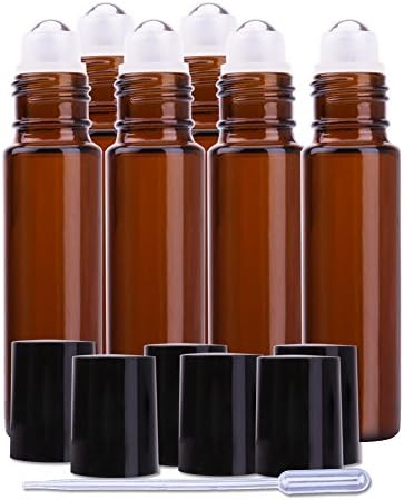 10 ml Amber Glass Roller Bottles with Removable Stainless Steel Roller Ball,Labels, Essential Oils Key and 0.5 ml Dropper Included,6Pcs