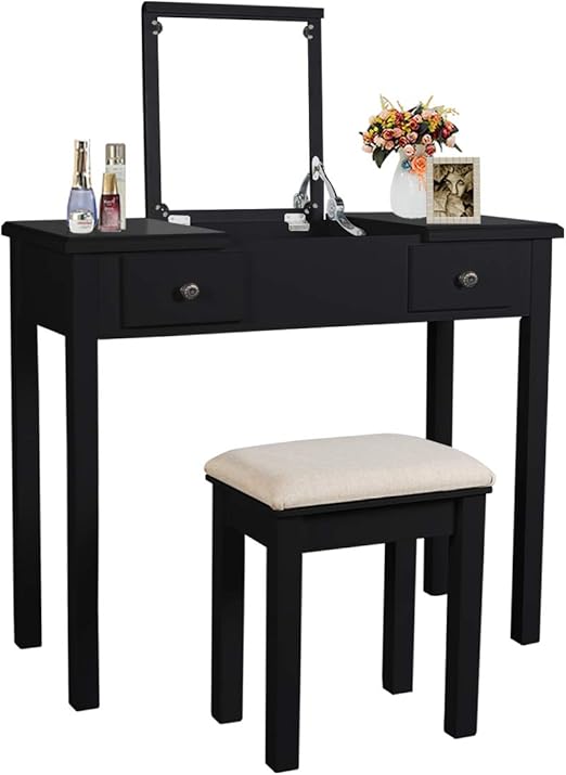 Amazon Com Vanity Set With Flip Top Mirror Makeup Dressing Table Removable Makeup Table Organization Writing Desk With 2 Drawers 3 Dividers Organizers Cushioned Black Kitchen Dining