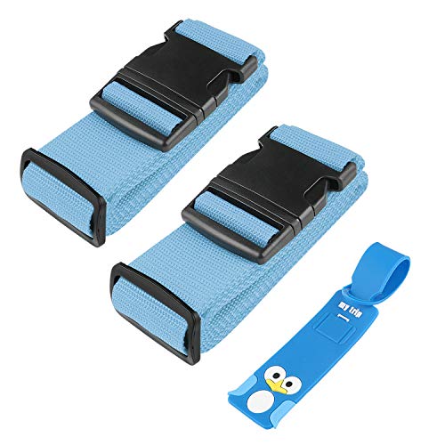 MXZONE 2 Pack Luggage Straps Suitcase Belts Travel Accessories Bag Straps with ID Label Universal Belt Free Luggage Tag, Blue