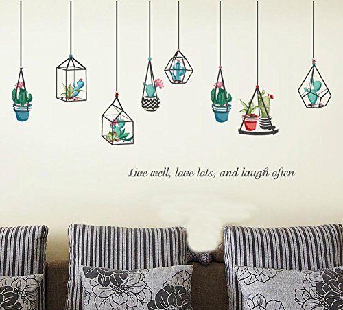 BIBITIME Geometric Flower Pots Growing Plants Cactus Wall Decal Sticker for Bedroom Living Room Porch TV Background PVC Decorations Home Art Mural Nursery Kids Room Decor