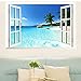 AWAKINK Large Removable Beach Sea 3D Window Decal Home Decor Exotic Beach View Art Wallpaper Mural View Scenery Home Decoration Art DIY Decor Wall Stickers for Bedroom Living Room