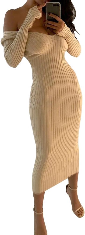KUTLIF Women's V-Neck Long Sleeve Off Shoulder Knit Ribbed Stretch Midi Bodycon Pencil Dress