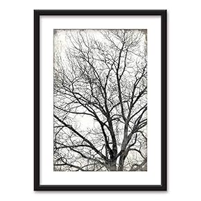 Framed Wall Art - Tree in Black White on Vintage Background - Black Picture Frames White Matting - 23x31 inches