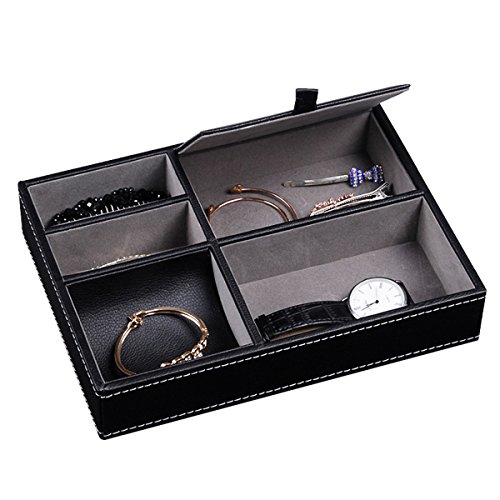 AUTOARK Leather 5 Compartments Valet Tray - Desktop Organizer for Keys,Coins,Wallet,Smartphone,Watches,Sunglasses and Accessories,Black,AW-028