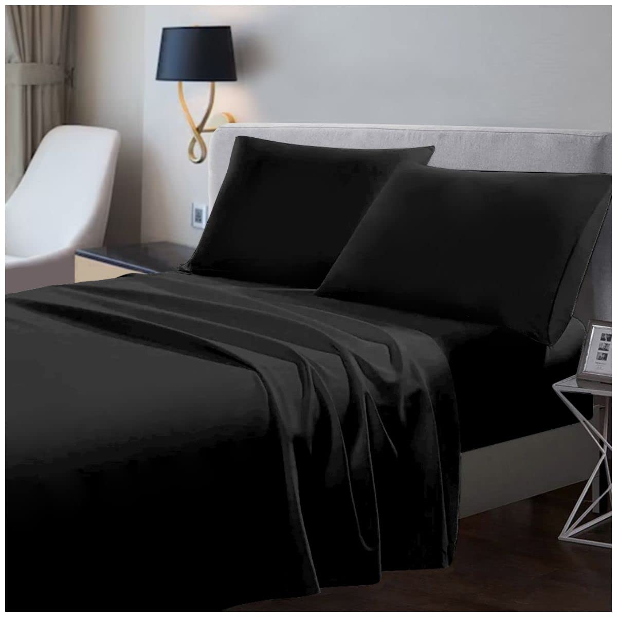 200 Thread Count Flat Sheets Single- 100% Egyptian Cotton Bed Sheets- Super Soft Hotel Quality Bedding- Black