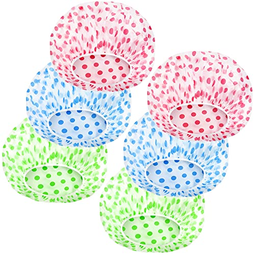MZD8391 Shower Cap, Reusable Shower Hat Bath Caps, Waterproof with Elastic Band Hair Hat for Men Women Ladies Spa Salon, Coloful Dotted, 6 Packs
