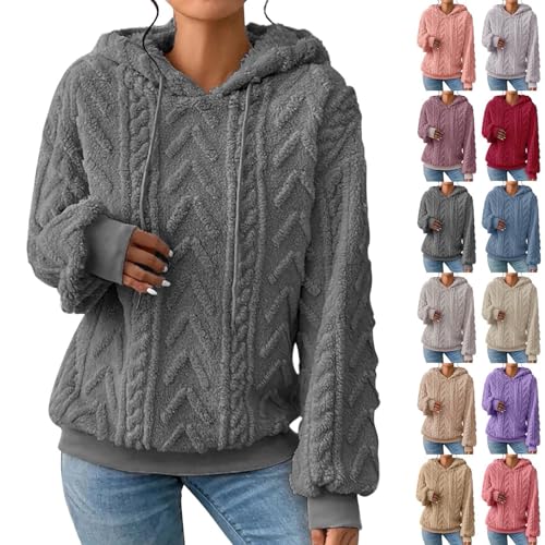 AMDOLE Fleece Hoodie Women Fluffy Fuzzy Pullover Sherpa Hooded Sweatshirt Winter Warm Teddy Soft Jumper Plush Comfy Hoodies Ladies Casual Loose Thick Sweatshirts Tops Plus Size Dark Gray XL