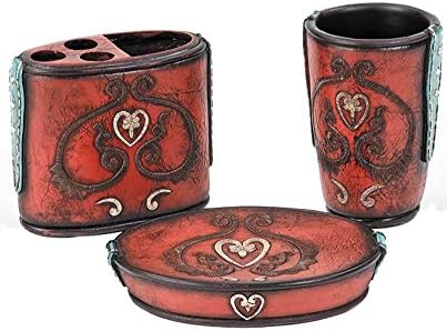 RAINBOW Western Vintage Style 3 Pc Bathroom Tumbler Toothbrush Soap Holder Set Red Turquoise