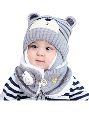 Baby Boy Girl Hair Ball Earbud Hat Child Print Knit Hats +Scarf (Yellow)