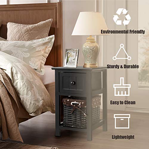 Giantex Nightstand with Drawer and Layer, Wicker Basket Wooden Mini