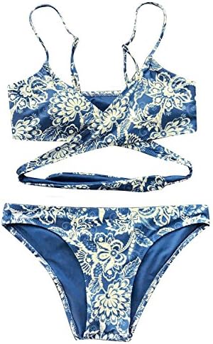 Seaselfie Women's Convertible Cross Padding Bikini Set Floral Printing Small