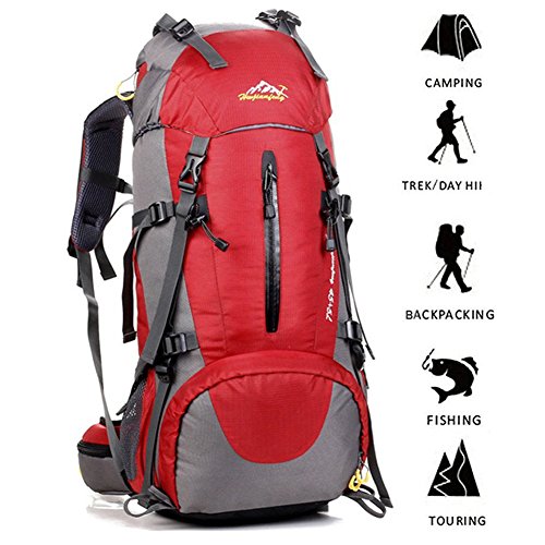 ONEPACK 50L Hiking Backpack Daypack Waterproof Backpacking Outdoor Sport Trekking Bag with Rain Cover for Women Men Youth Climbing Mountaineering Camping Fishing Travel Cycling Skiing (50L Red)