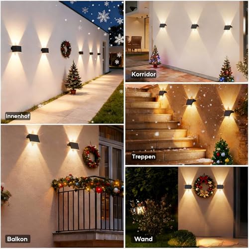 IIRARA Wall Light Solar Outdoor Solar Wall Light Outdoor Solar Lights Up and Down Illuminated 4 LEDs IP67 Waterproof Solar Light for Garden Balcony Patio Stairs Warm White Pack of 4