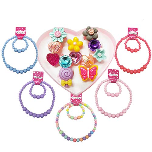 IDOXE 17pcs Value Set Baby Jewelry Set for Girls, Solid Chunky Bubblegum Beaded Necklace Bracelet with Cartoon Animal Flowers Fruit Rings Box Baby Girl Party Play Jewelry - Thumbnail 7