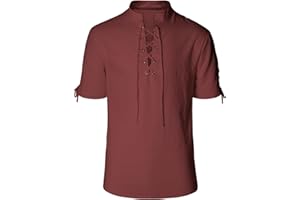 Teyujosem Men's Pirate Shirt Renaissance Medieval Viking Shirt Linen Short Sleeve Lace Up Top Halloween Costume
