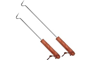 LQLMCOS 2Pcs Food Flipper Turner Hooks Stainless Steel BBQ Meat Turners Cooking Barbecue Hooks Grill Accessories with Wooden Handle for Grilling & Smoking (17.5 in+12.5 in)