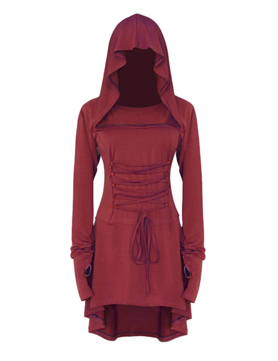 chuangminghangqi Women's Renaissance Costume, Lace Up Robe, Medieval Dress with Hood, Long Sleeve, Retro, Gothic, Cosplay, Halloween, Carnival, wine red, L