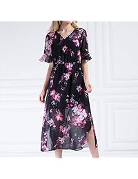 Vero Viva - Vestido de manga corta para mujer, cuello en V, estampado floral, con cintura media
