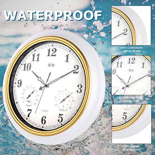 BEW Large Outdoor Clock, 18 Inch Thermometer & Hygrometer Combo, Waterproof & Weather Resisitant Function, Silent Garden Wall Clock for Patio/Pool/Lanai/Fence (Metal, White-Golden) - Thumbnail 2