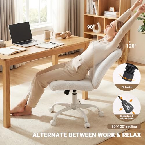 KRAMZMING Vanity Chair with Wheels, Cute Desk Chair with Back, Armless Office Chair Height Adjustable, Soft Lumbar Support for Small Space, Bedroom, Make-up Room（White）