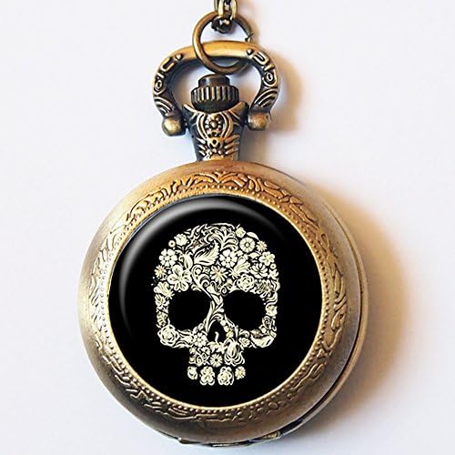 Vintage Black Floral Skull Pocket Watch Casestars Hand Craft Flower Sugar Skull Style Quartz Pocket Watch