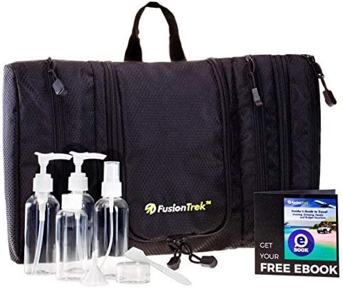 SUMMER SALE - Premium Travel Kit: Hanging Toiletry Bag, Dopp Kit/Unisex Slim Packing Organizer OR Travel Bottles Set, Airplane/TSA Approved + eBook for Vacation Tips by FusionTrek