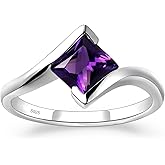 LUO 925 Sterling Silver Princess Cut Square Shape Gemstone Ring for Women,Semi Bezel Set 6x6mm Solitaire Bypass Gemstone Engagement, Anniversary Ring