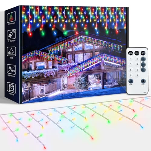 ARKOCHIC 30M Lichterkette Eisregen Außen, LED Lichtervorhang mit Fernbedienung, IP65 wasserdicht 8 Modi für Innen Außen Weihnachten, Schlafzimmer Party Hochzeit Balkon Garten Deko（Bunt）