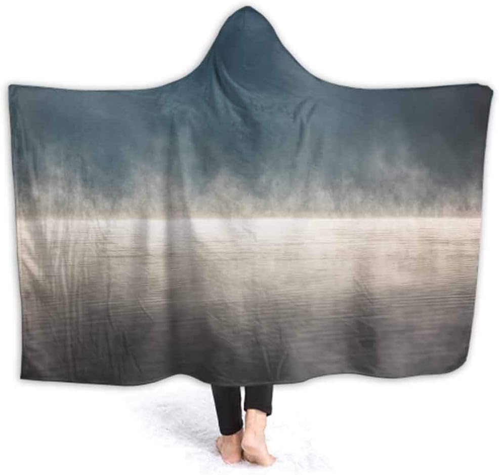 prunushome Plush Big Blanket Hoodie for Kids Morn Fog Lake Sunrise Shot 3D Printed Cabin Throw Blanket Men Travel Hooded Cloak Cape Blanket, 60W by 40H Inches