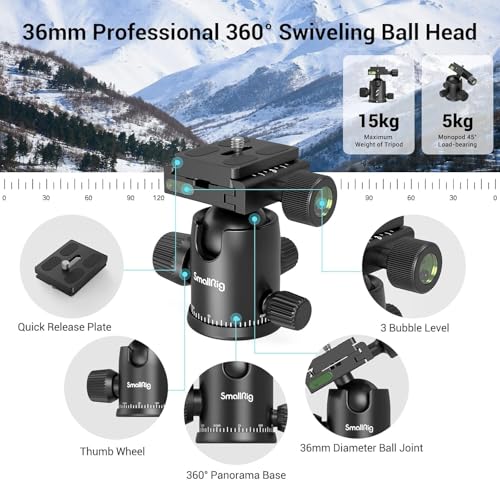 SmallRig Trípode Monopie para Cámara, 71" Trípode de Aluminio, Cabeza Esférica 360° Desmontable, Carga 33 LB, Altura Ajustable 16"-71", Carga Máxima 15kg, para Cámara y Celular - 3935