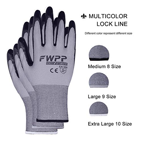 FWPP Black Nitrile Coated Work Gloves,Nylon Breathable Light Weight Garden Gloves for Men and Women,Antistatic Skin Flexible Safety Gloves,Pack of 6Pairs Large